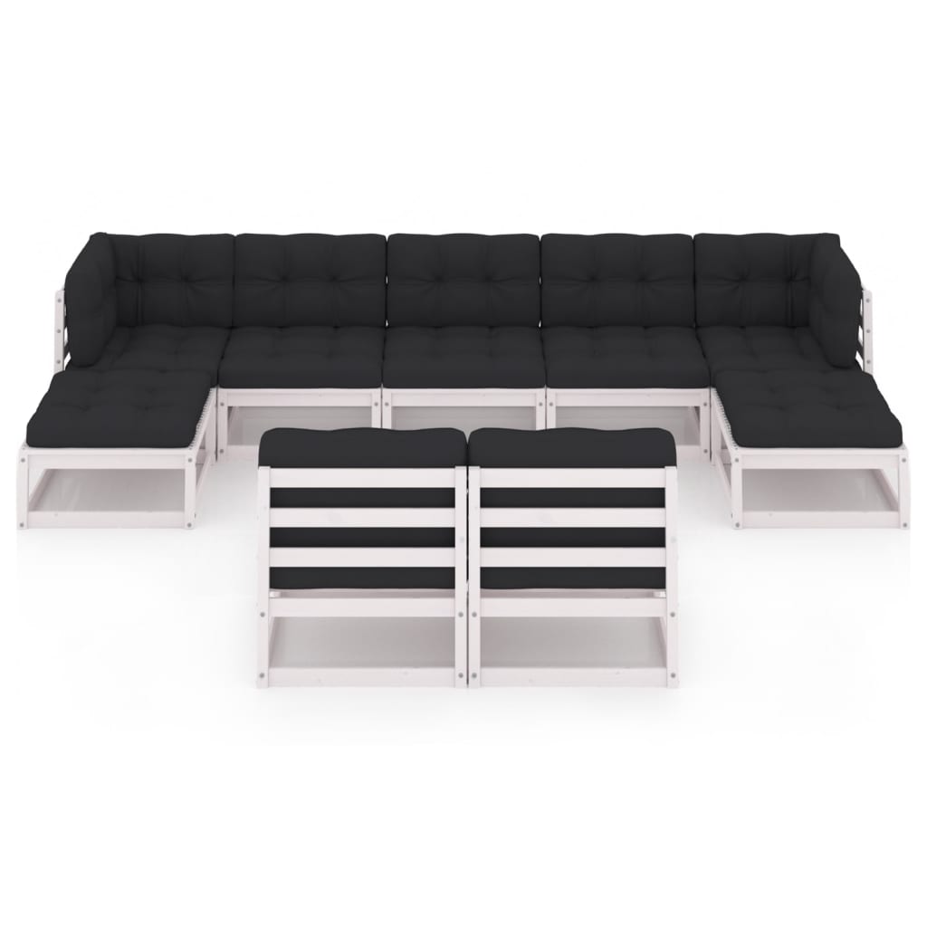 9-tlg. Garten-Lounge-Set mit Kissen Weiss Kiefer Massivholz
